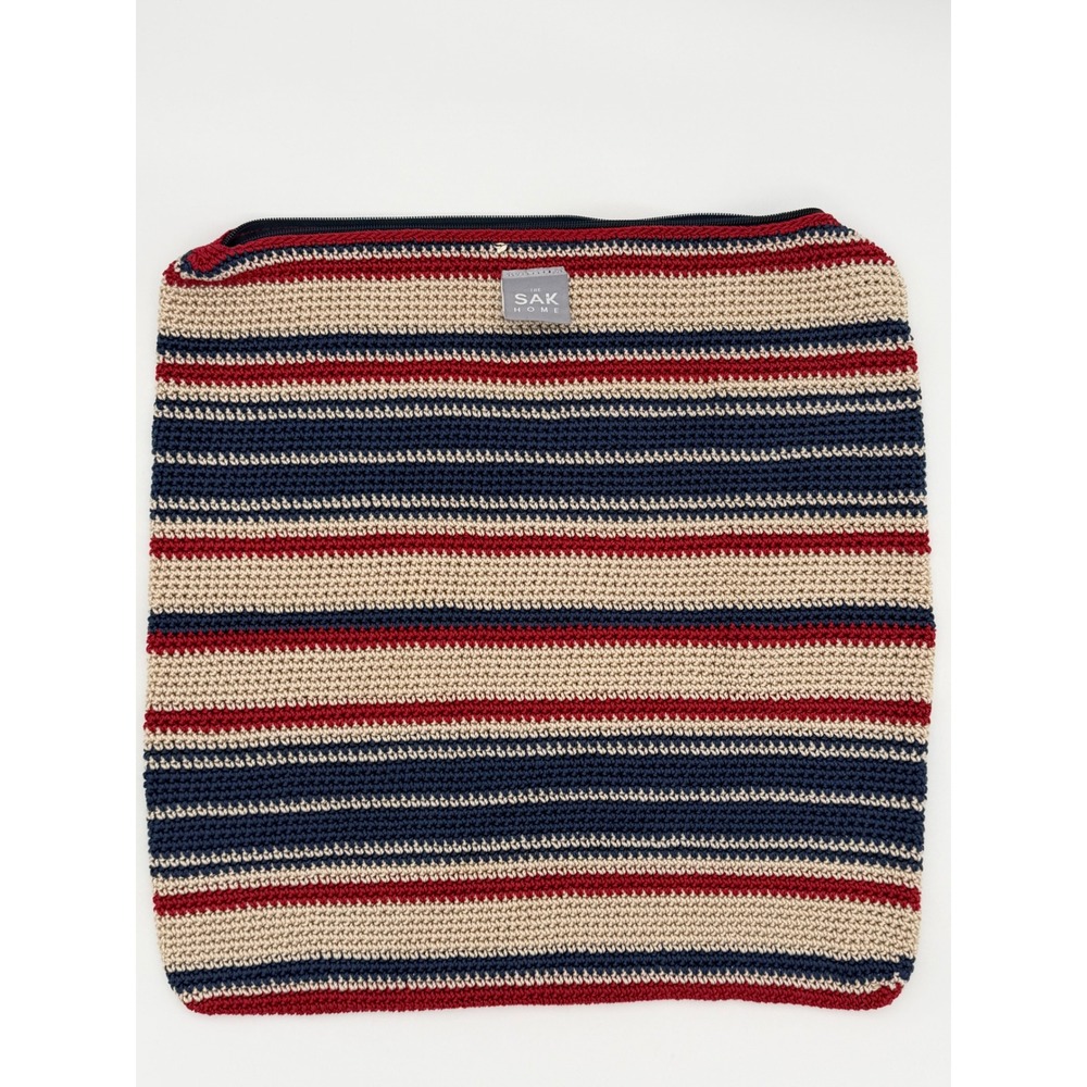 The Sak Home Crochet Striped Pillow Cover Navy Blue Red Beige Nautical 18x18